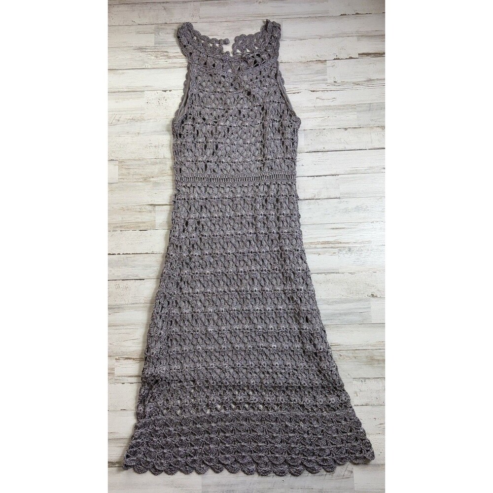 Juniors Women’s Sz M Silver Crochet Sleeveless Dress M Lined Boho Coquette
